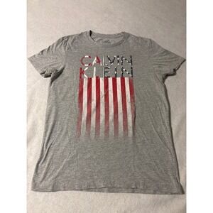Calvin Klein Mens Gray American Flag Graphic T-Shirt Body Fit Size Medium